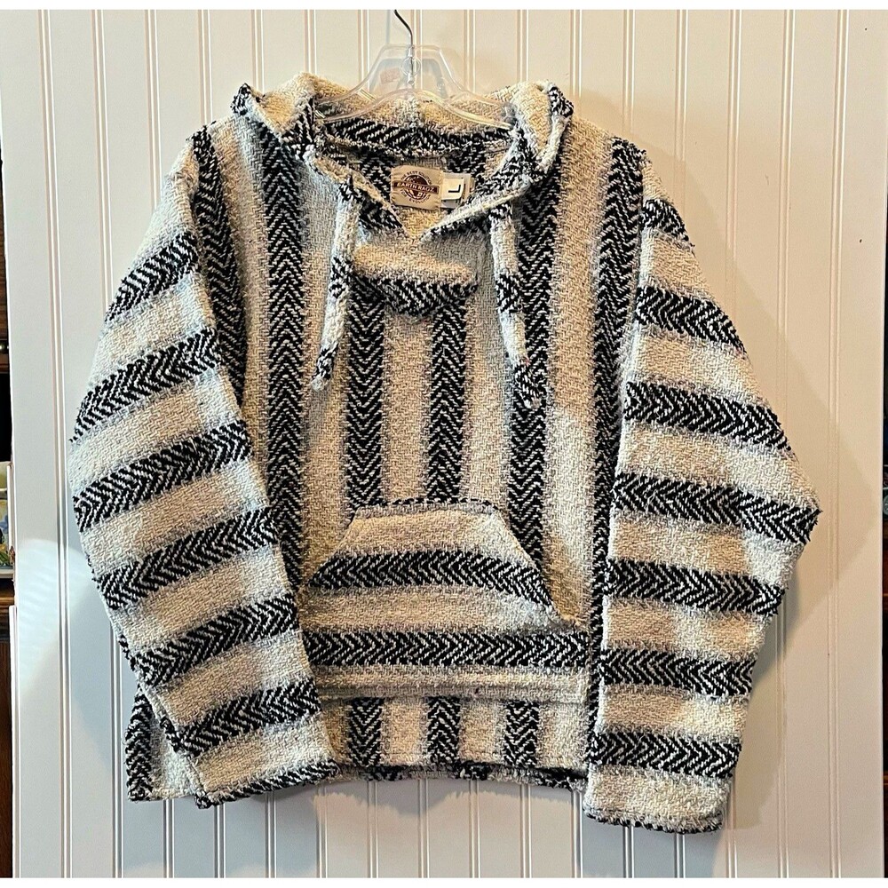 Earth Ragz  Knit Pullover Hoodie Striped Drawstring Long Sleeve Black White Lge
